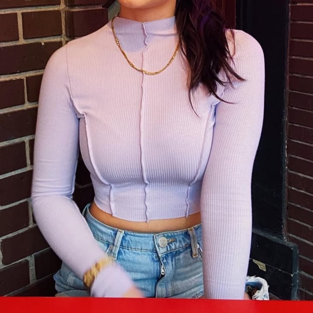 Lavender Ribbed Mock-Neck Long Sleeve Crop Top - naked wardrobe